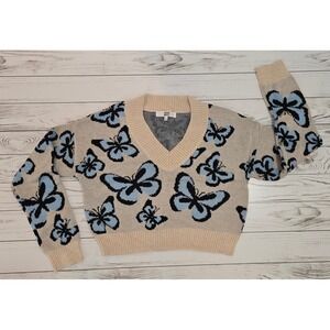 Madden‎ NYC Oatmeal Blue Butterfly V Neck Knit Sweater Size Juniors Large